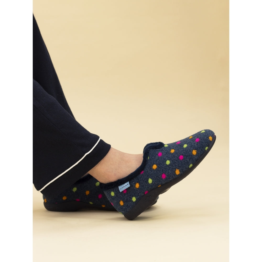 Lunar KLA220 Ladies Spanish Navy Textile Slippers with colorful polka dots and slip-on design.