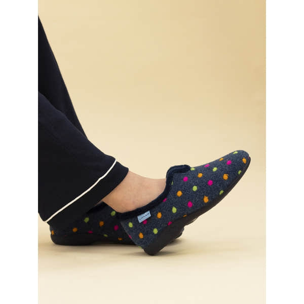 Lunar KLA220 Ladies Spanish Navy Textile Slippers with colorful polka dots and slip-on design.