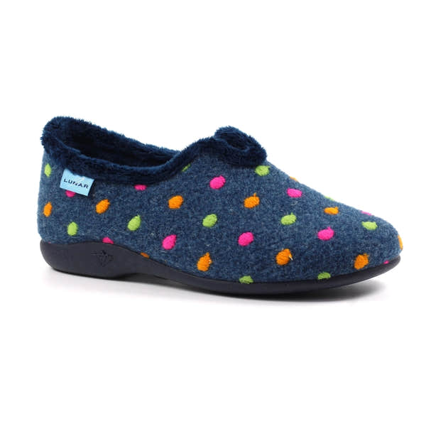 Lunar KLA220 Studio Ladies Spanish Navy Textile Slippers with colorful polka dots and plush lining.