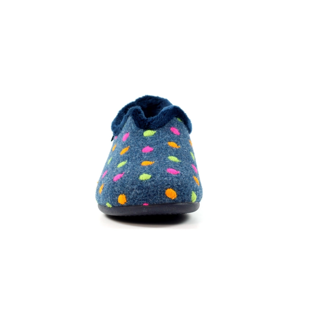 Lunar KLA220 Studio Ladies Spanish Navy textile slippers with colorful polka dot pattern and soft, cozy design.