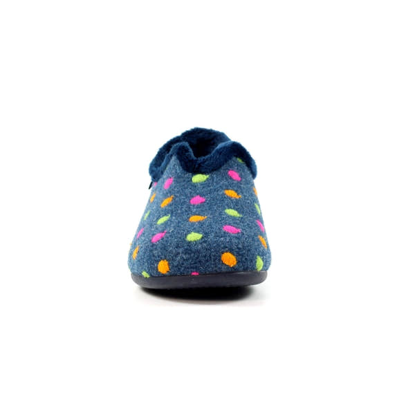 Lunar KLA220 Studio Ladies Spanish Navy textile slippers with colorful polka dot pattern and soft, cozy design.