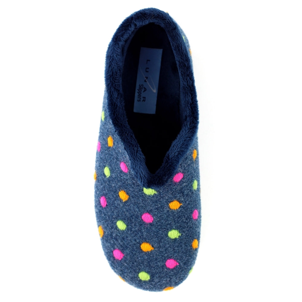 Lunar KLA220 Ladies Spanish Navy Textile Slippers with multicolor polka dots, plush interior, cozy slip-on design.
