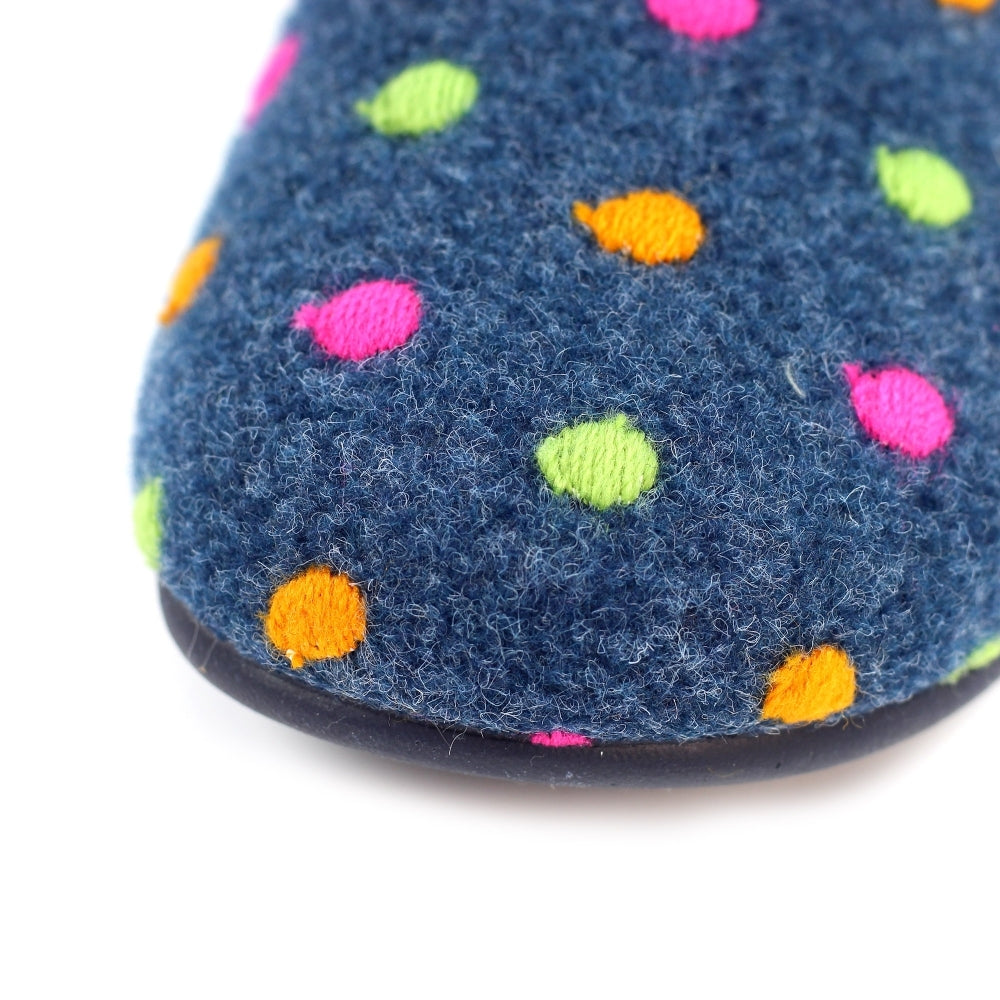 Lunar KLA220 Studio Ladies Spanish Navy textile slippers with colorful polka dots, cozy felt material, and rubber sole.