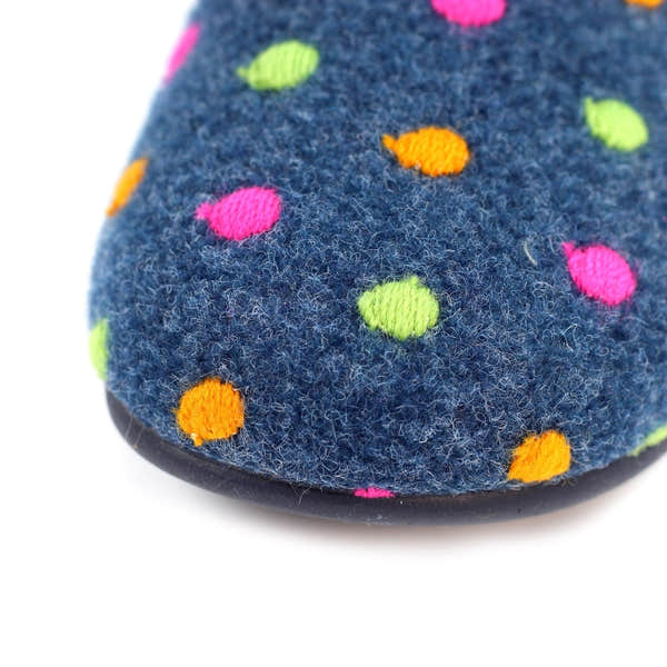 Lunar KLA220 Studio Ladies Spanish Navy textile slippers with colorful polka dots, cozy felt material, and rubber sole.