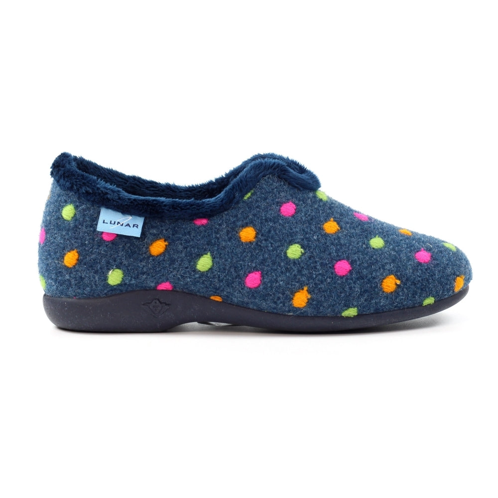 Lunar KLA220 Studio Ladies Spanish Navy textile slippers with colorful polka dots, plush lining, and non-slip sole.