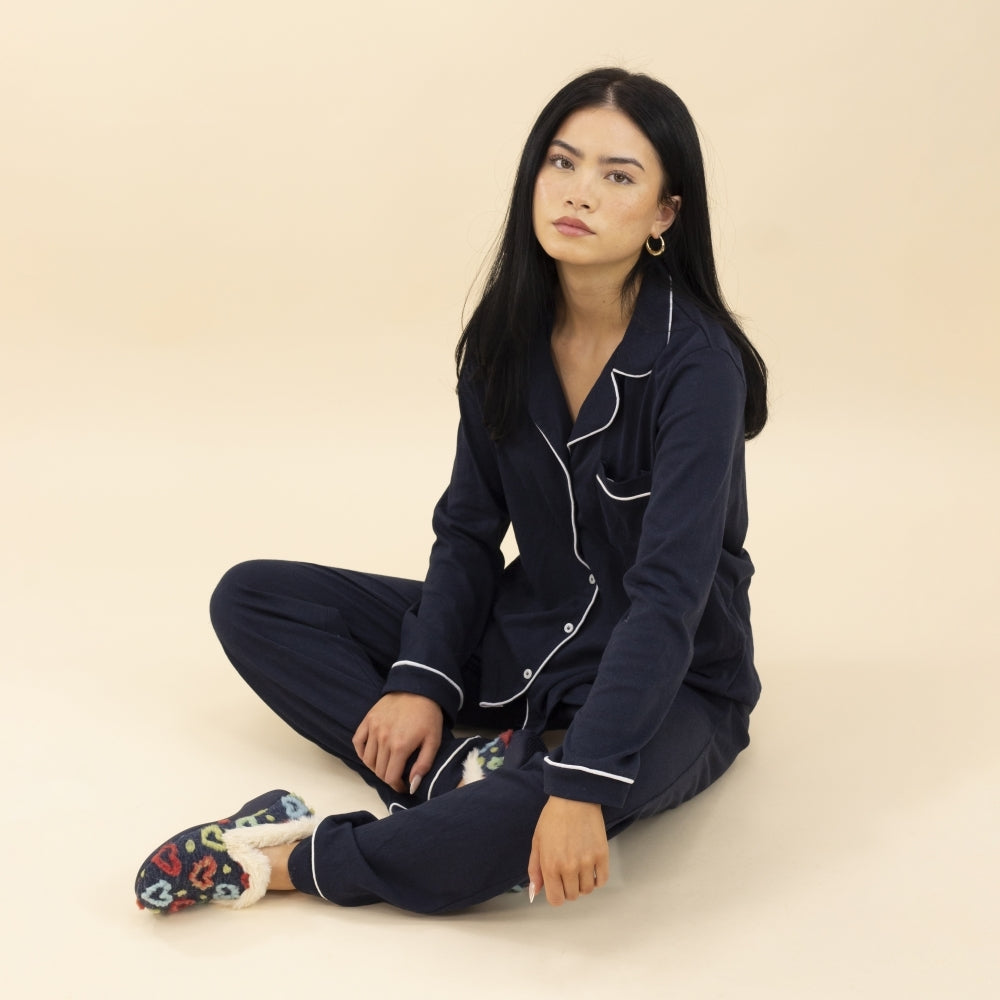 Lunar KLA230 Truffle Ladies Spanish Navy textile slippers with floral pattern, cozy interior, and slip-on design.