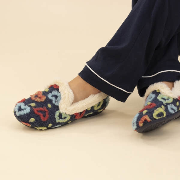 Lunar KLA230 Truffle ladies Spanish navy textile slippers with colorful floral print and faux fur lining.