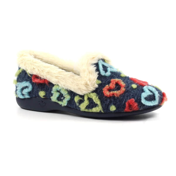 Lunar KLA230 women's slippers with navy textile, colorful heart pattern, faux fur lining, and slip-on design.