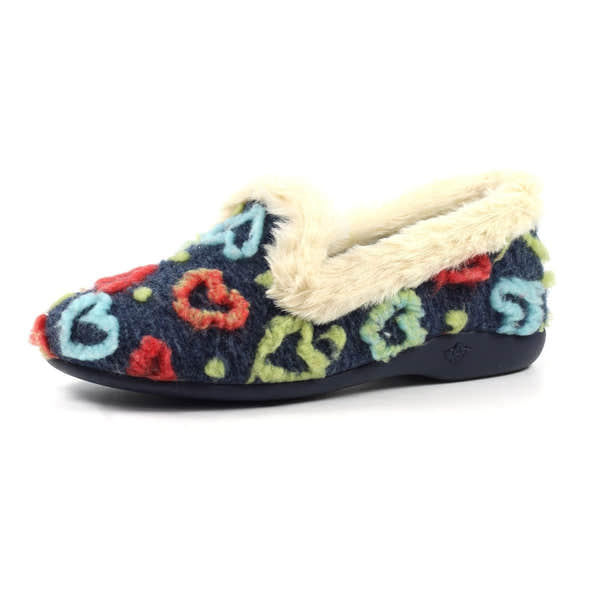 Lunar KLA230 Truffle Ladies Spanish Navy Textile Slippers with colorful heart pattern and plush lining.