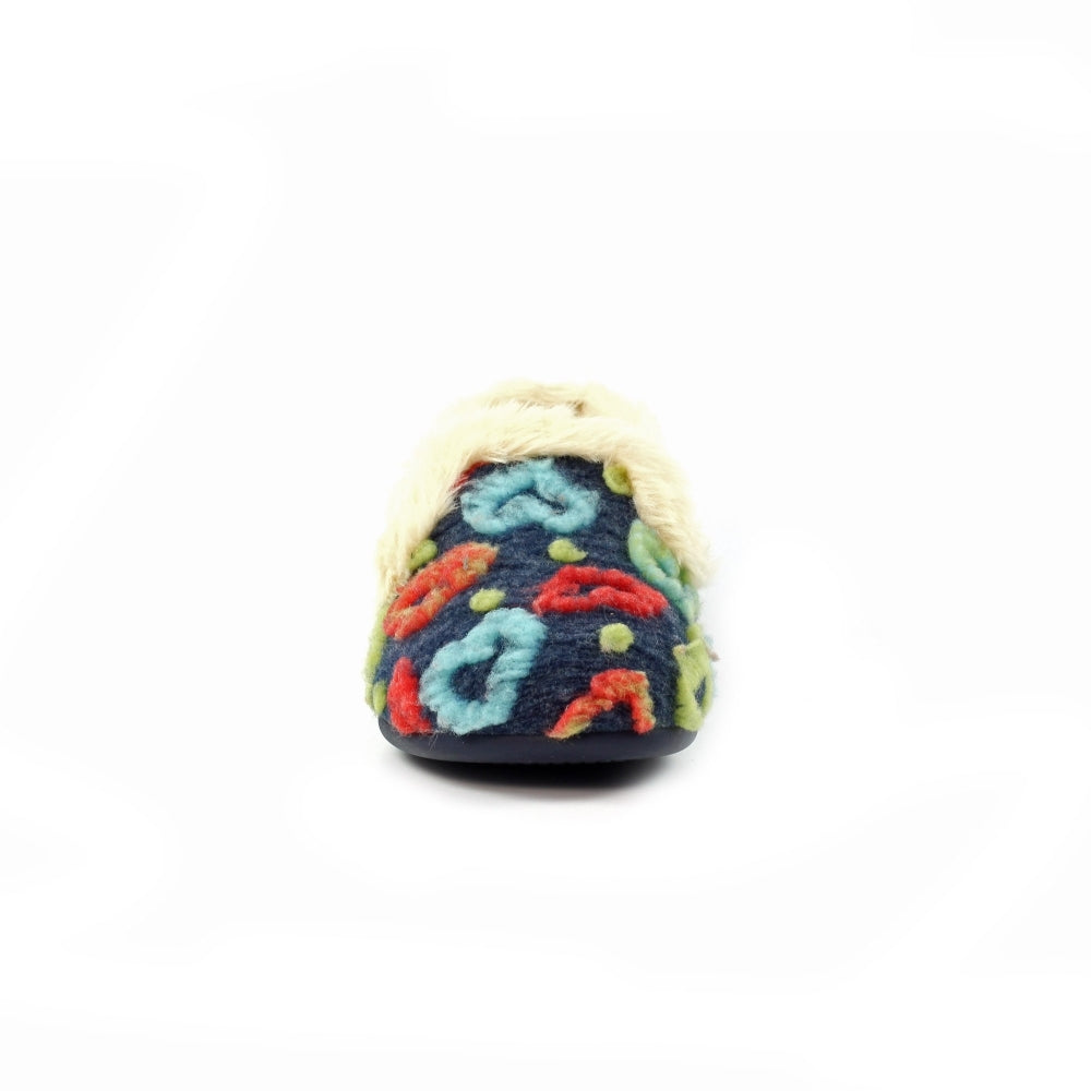 Lunar KLA230 Truffle women's Spanish navy textile slippers with colorful floral embroidery and plush trim.
