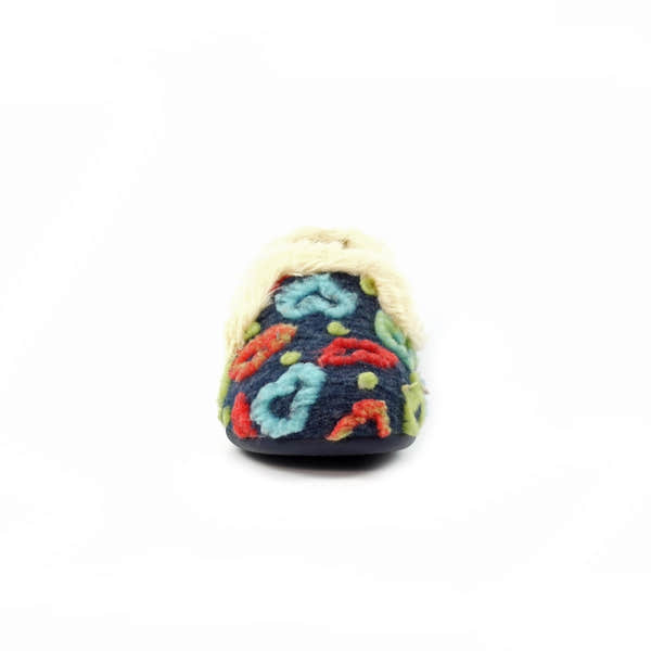 Lunar KLA230 Truffle women's Spanish navy textile slippers with colorful floral embroidery and plush trim.