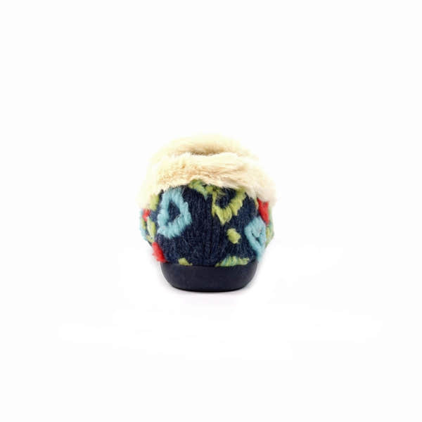 Lunar KLA230 Truffle ladies' Spanish navy textile slippers with colorful floral pattern and faux fur trim.