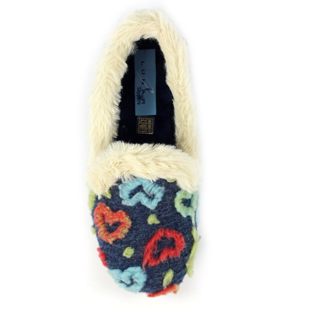 Lunar KLA230 Truffle Ladies Spanish Navy Textile Slippers with colorful floral embroidery and faux fur trim.