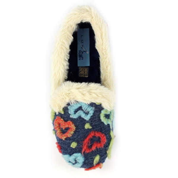 Lunar KLA230 Truffle Ladies Spanish Navy Textile Slippers with colorful floral embroidery and faux fur trim.