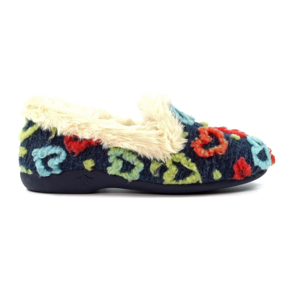 Lunar KLA230 Ladies Spanish Navy Textile Slippers with colorful floral embroidery and plush lining.