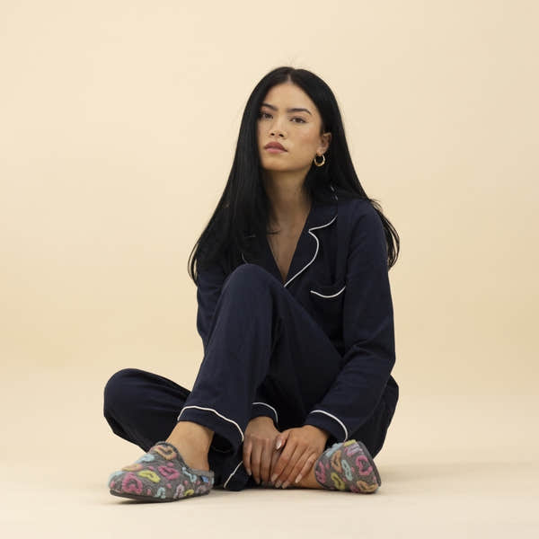 Lunar KLA233 Valentine women's grey textile slippers with colorful heart pattern, indoor cozy footwear.