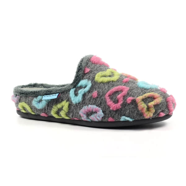 Lunar KLA233 women's grey textile slippers with colorful embroidered heart patterns, cozy plush lining, and slip-on design.