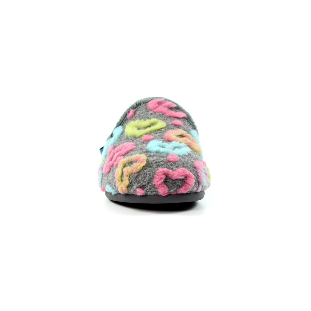 Lunar KLA233 Ladies Spanish Grey Textile Slippers with colorful heart and love embroidery, soft plush interior, and slip-on design.