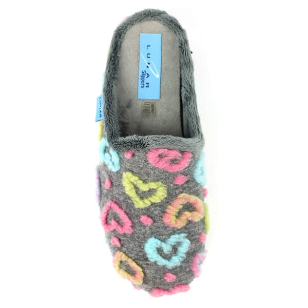 Lunar KLA233 women's grey textile slippers with colorful heart and swirl patterns, plush interior, ideal for Valentine's Day.