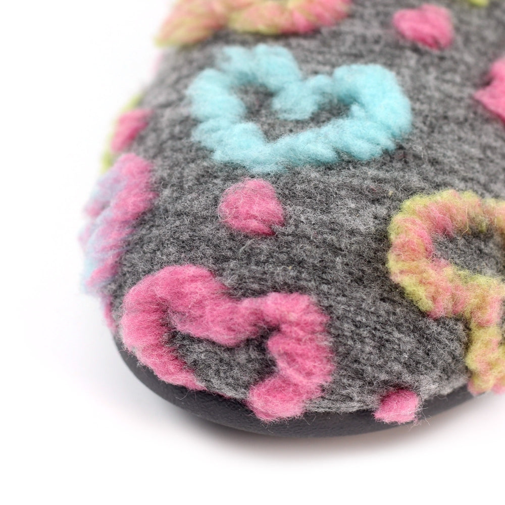 Lunar KLA233 Valentine Ladies Spanish Grey Textile Slippers with colorful felt heart and floral embroidery.