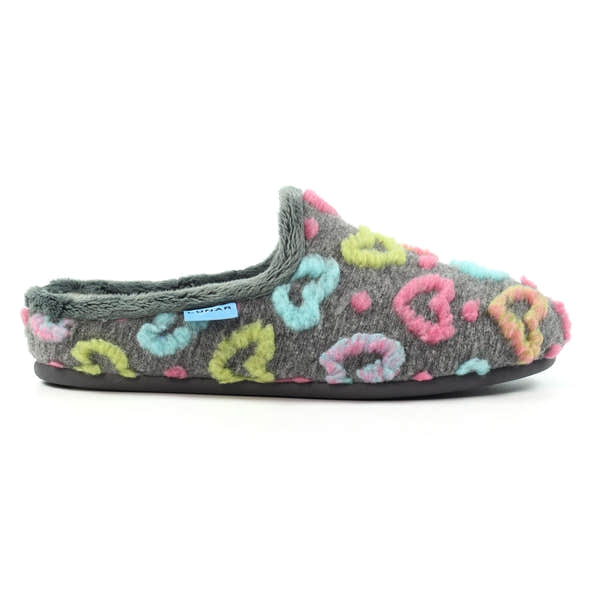 Lunar KLA233 women's slip-on slippers with grey textile and colorful heart pattern, plush lining, and slip-resistant sole.