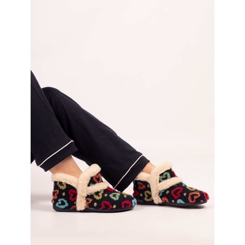 Lunar KLA234 Angel Ladies Spanish Navy textile slippers with colorful heart patterns and plush lining.