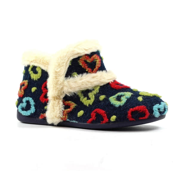 Lunar KLA234 Angel Ladies Spanish Navy textile slippers with colorful heart pattern and plush faux fur trim.