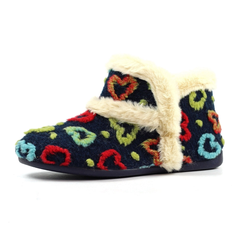 Lunar KLA234 Angel Ladies Spanish Navy textile slippers with colorful heart pattern and plush trim.