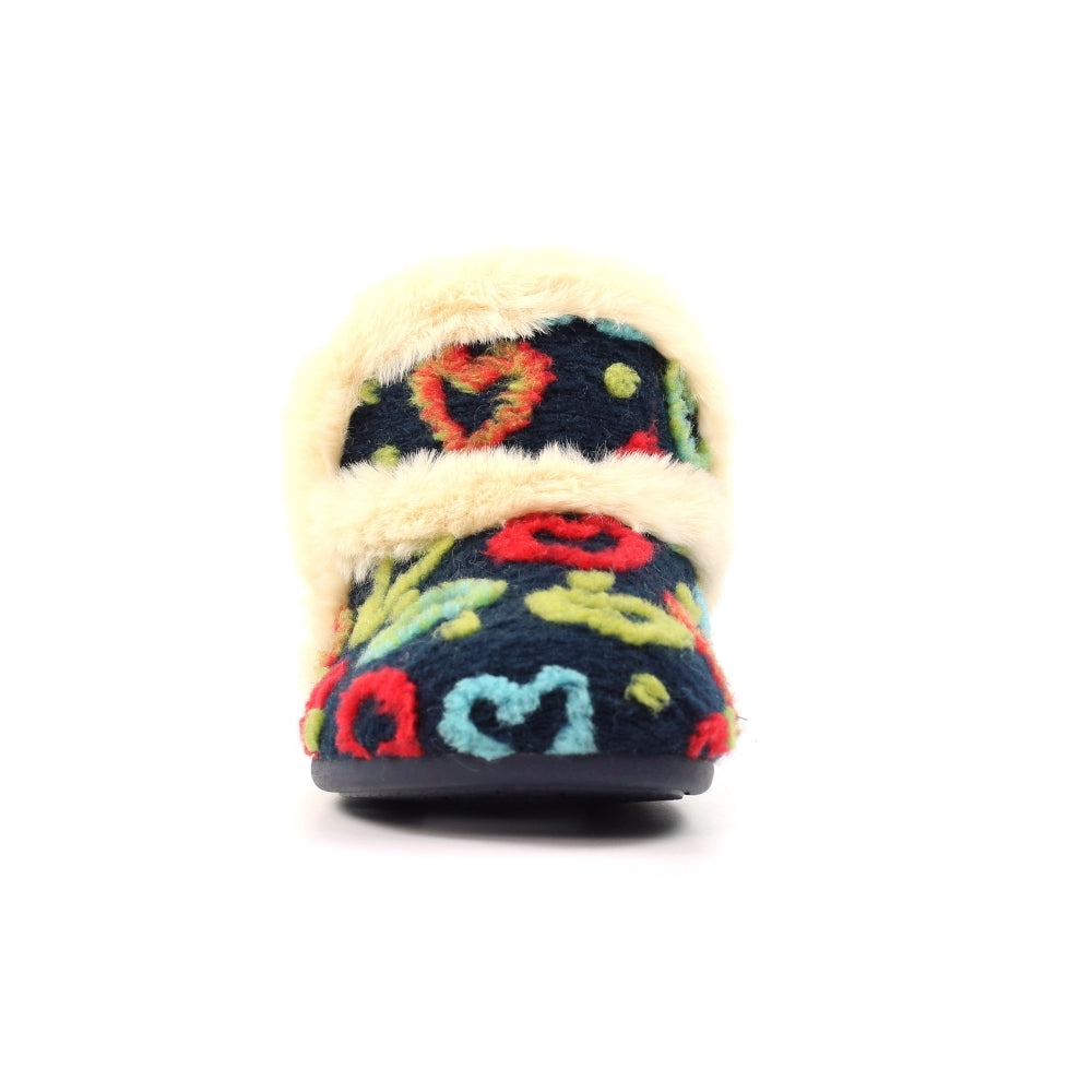 Lunar KLA234 Angel Ladies Spanish Navy textile slippers with colorful heart and love embroidery, plush lining, and slip-on design.