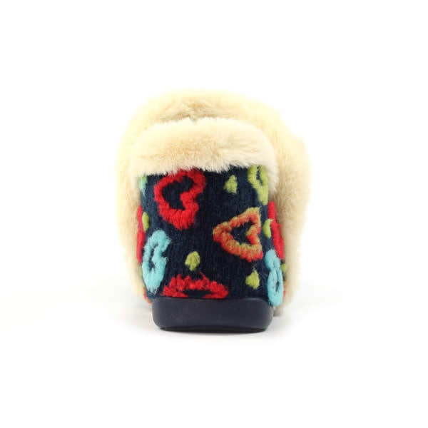 Lunar KLA234 Angel Ladies Spanish Navy Textile Slippers with colorful heart pattern and faux fur trim.