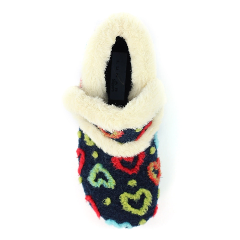 Lunar KLA234 Angel Ladies Spanish Navy Textile Slippers with colorful heart pattern and plush interior.