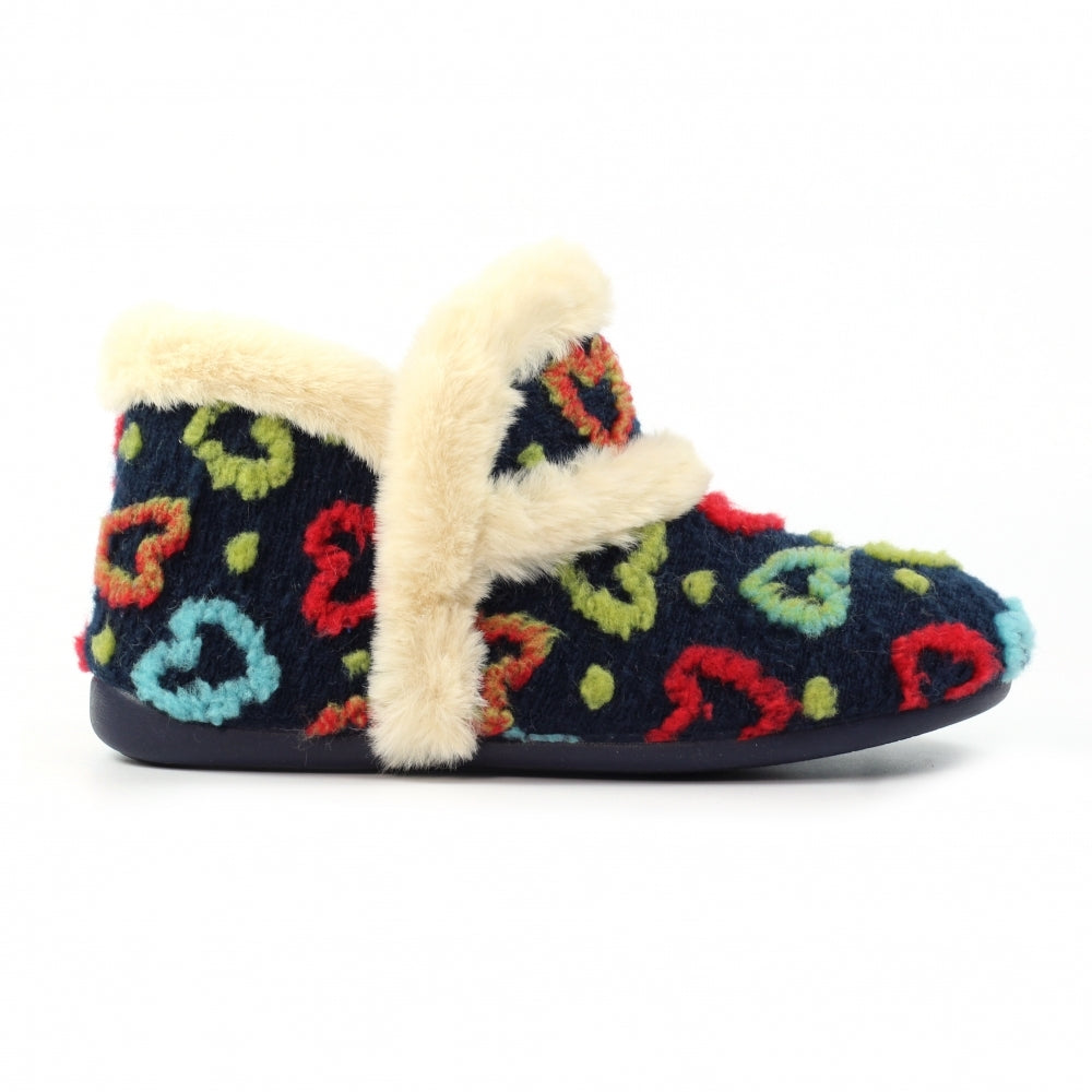 Lunar KLA234 Women's Spanish Navy textile slippers with colorful heart pattern, plush lining, and slip-on design.
