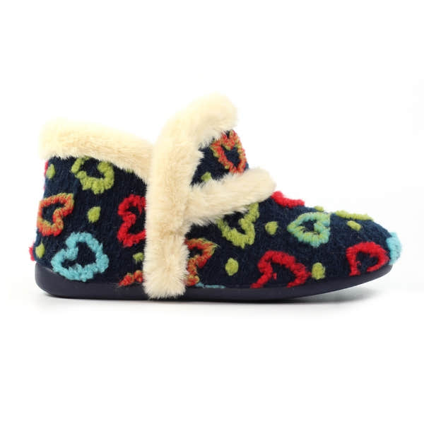 Lunar KLA234 Women's Spanish Navy textile slippers with colorful heart pattern, plush lining, and slip-on design.