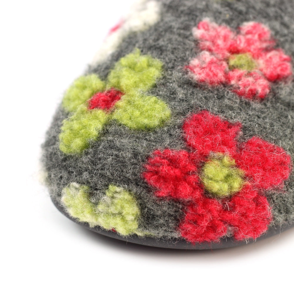 Lunar KLA253 Lychee Ladies Spanish grey textile slippers with colorful floral embroidery and felt flower details.