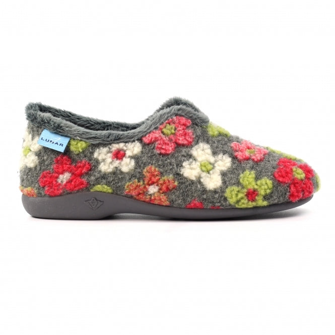 Lunar KLA253 women's grey textile slippers with colorful floral pattern, Lychee style, comfortable indoor footwear.