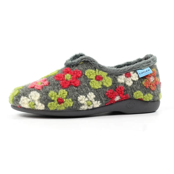 Lunar KLA253 Lychee women's Spanish grey textile slippers with colorful floral embroidery and cushioned sole.