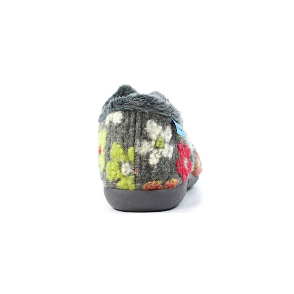 Lunar KLA253 Lychee women's Spanish grey textile slippers with floral embroidery and faux fur trim.