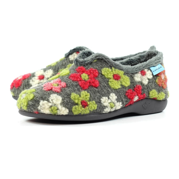 Lunar KLA253 Lychee women's grey textile slippers with colorful floral embroidery and plush lining.