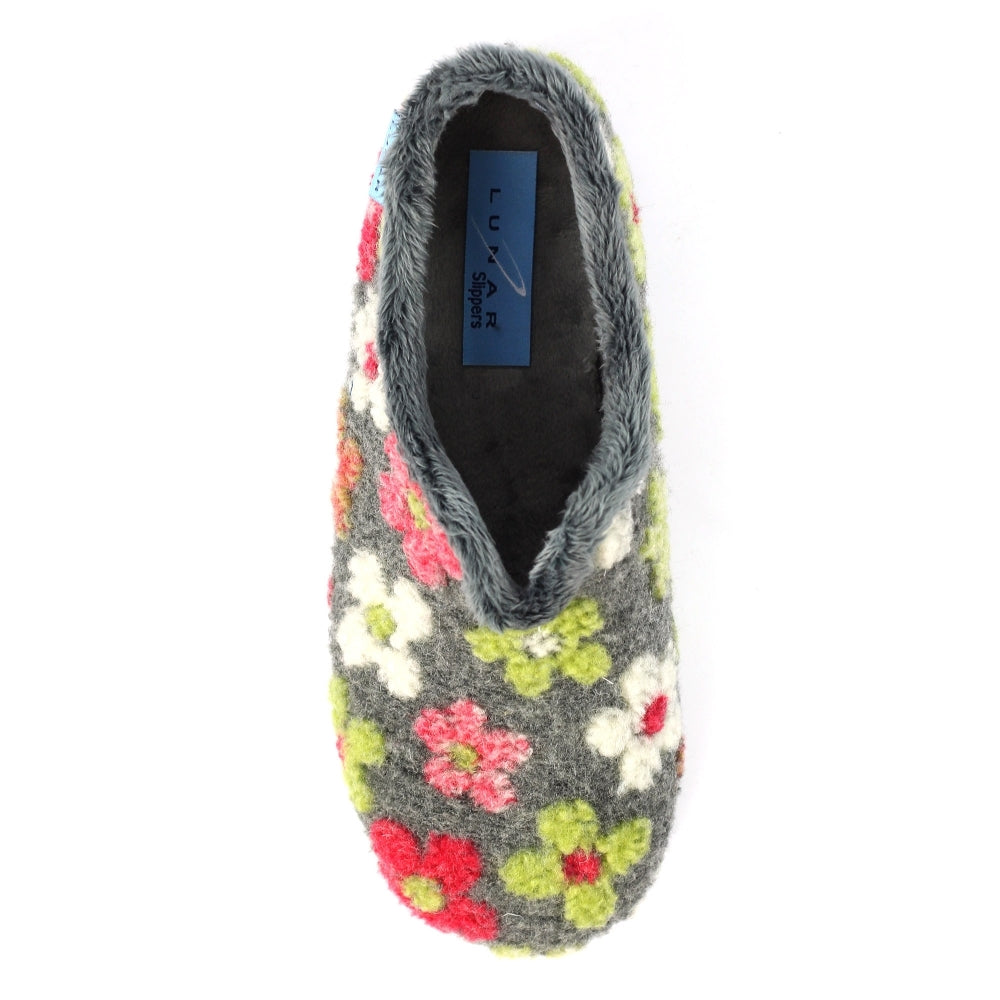Lunar KLA253 Lychee Ladies' Grey Textile Slippers with colorful floral embroidery and plush grey interior.