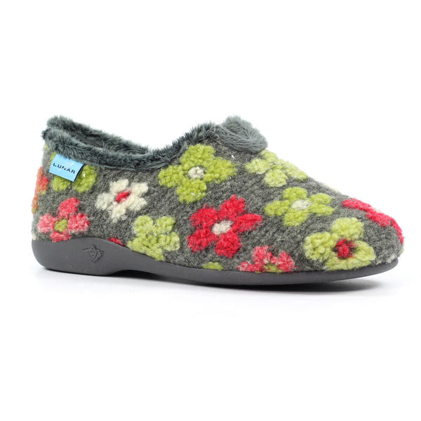 Lunar KLA253 women's grey textile slippers with colorful floral embroidery and fuzzy lining for comfort.