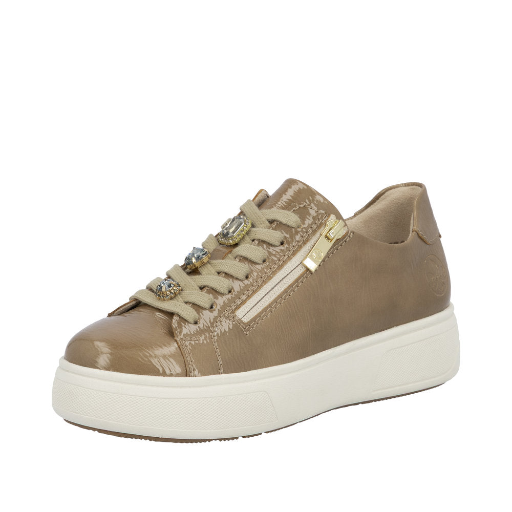 Rieker M7702-64 Ladies Beige Patent Zip & Lace Trainers
