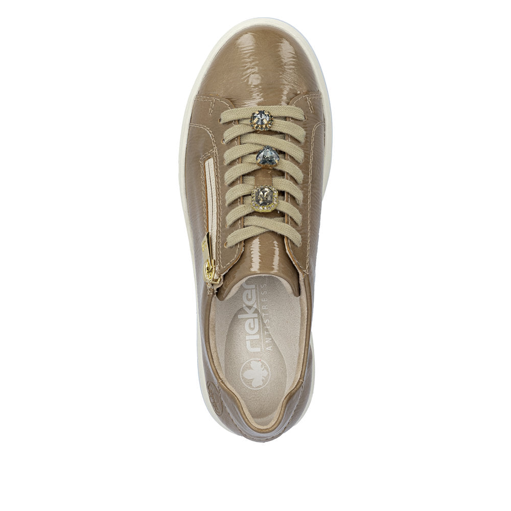 Rieker M7702-64 Ladies Beige Patent Zip & Lace Trainers