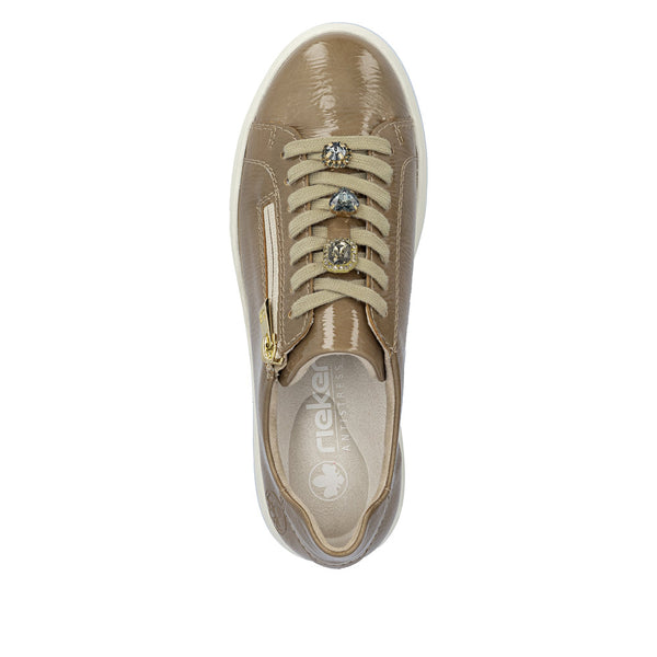 Rieker M7702-64 Ladies Beige Patent Zip & Lace Trainers