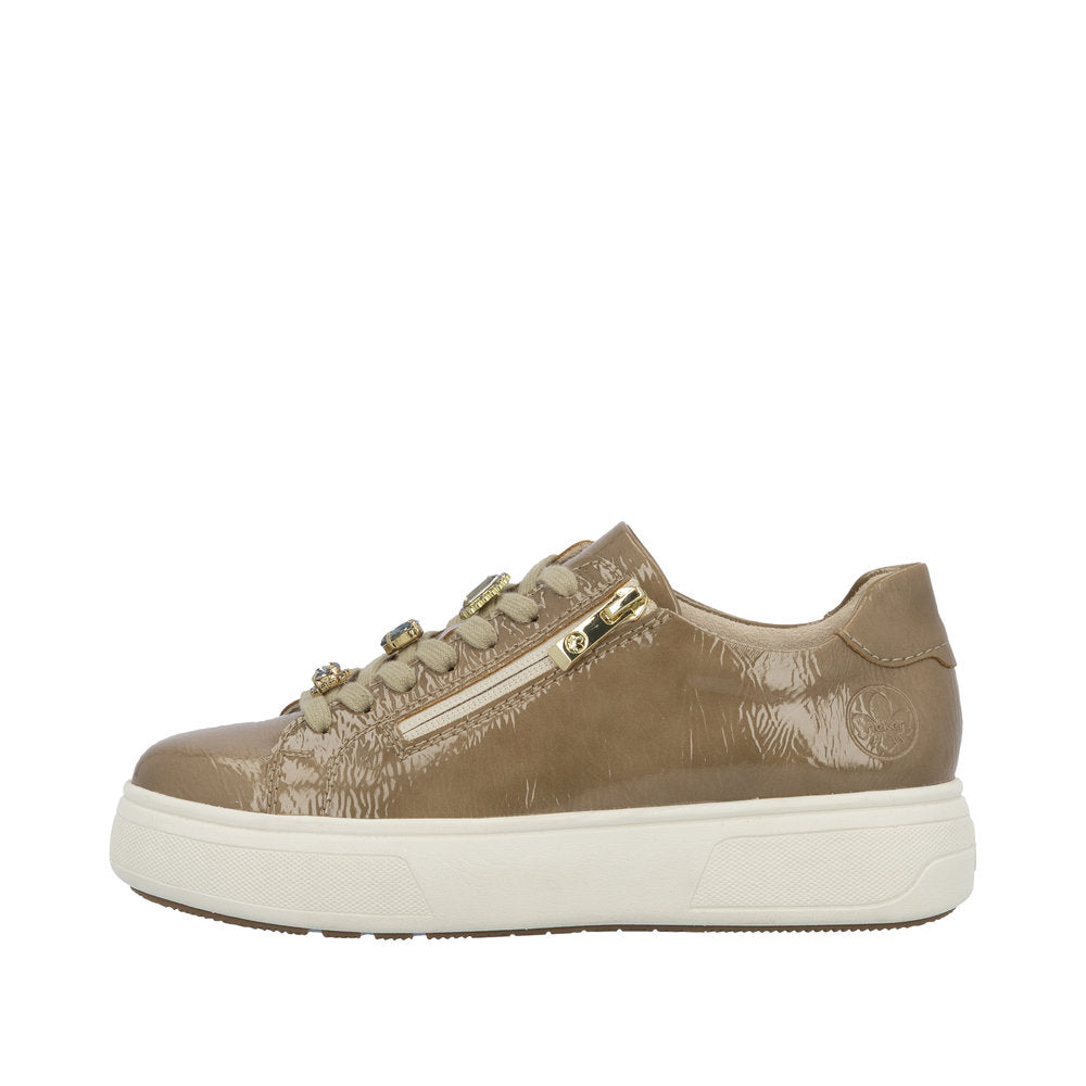 Rieker M7702-64 Ladies Beige Patent Zip & Lace Trainers