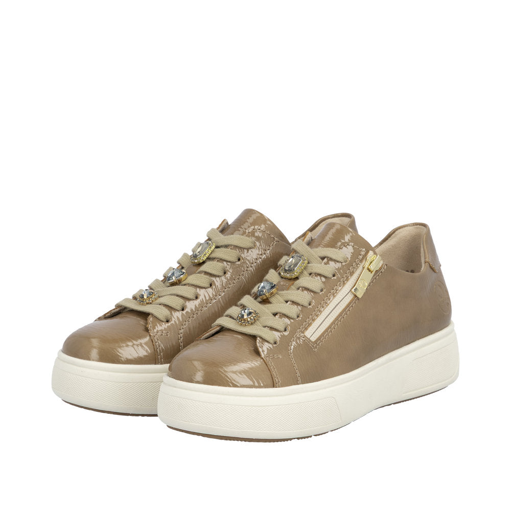 Rieker M7702-64 Ladies Beige Patent Zip & Lace Trainers