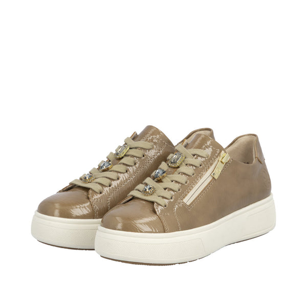 Rieker M7702-64 Ladies Beige Patent Zip & Lace Trainers