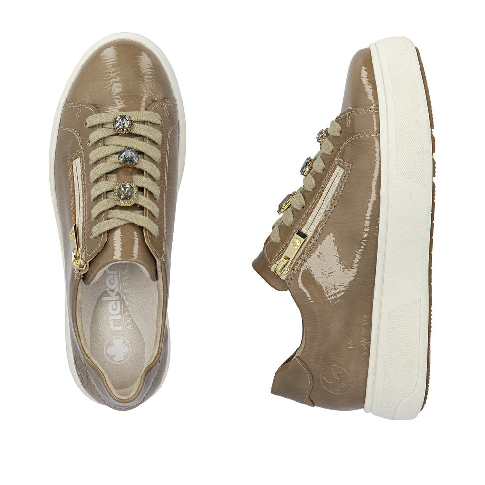 Rieker M7702-64 Ladies Beige Patent Zip & Lace Trainers