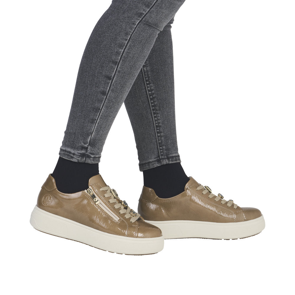 Rieker M7702-64 Ladies Beige Patent Zip & Lace Trainers