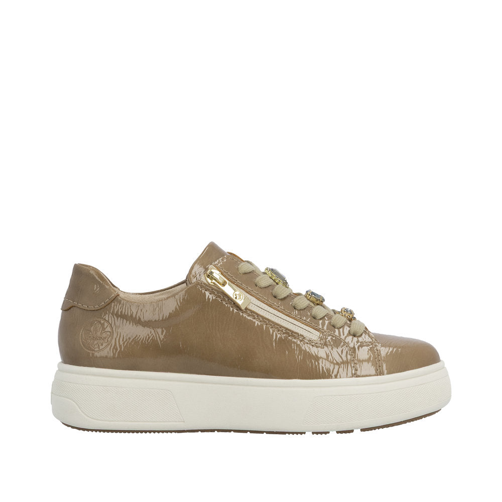 Rieker M7702-64 Ladies Beige Patent Zip & Lace Trainers