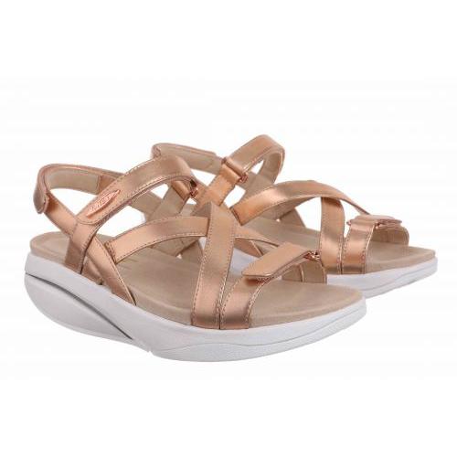 MBT Kiburi Classic Ladies Rose Gold Leather Arch Support Sandals with touch fastenings and white cushioned soles.